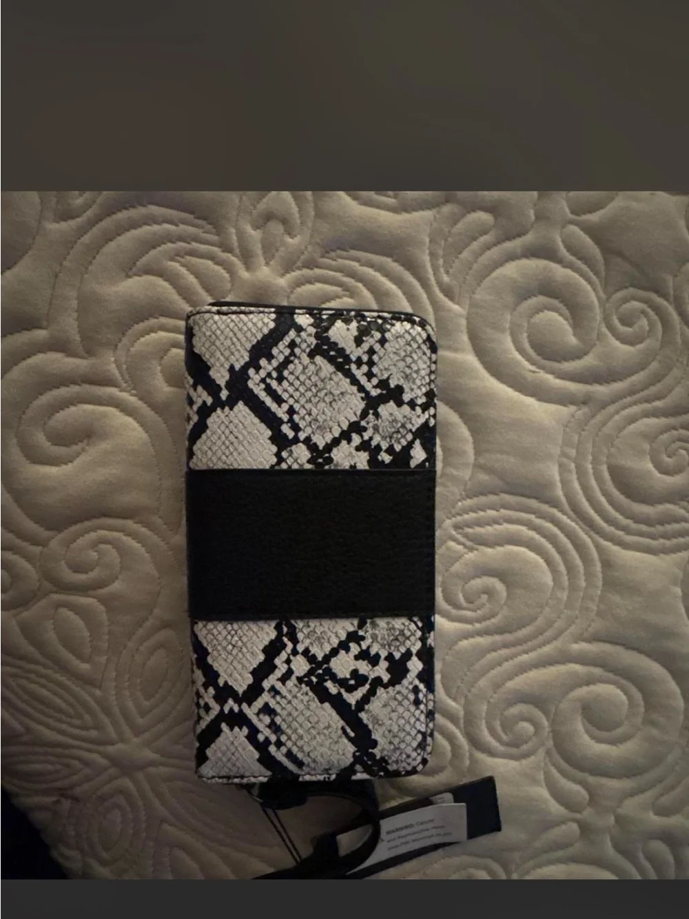 Black & White Snake-Pattern zip around Wristlet Case with Cross Accent